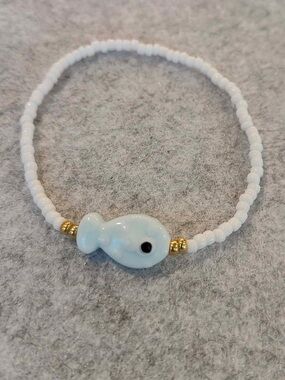 White Beaded Fish Charm Bracelet